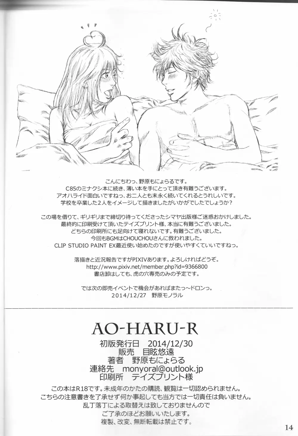 (C87) [目眩悠遠 (野原もにょらる)] AO-HARU-R (アオハライド) Page.13